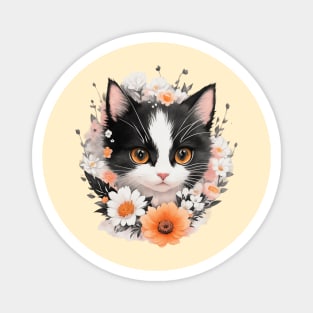 Tuxedo Cat's Blooming Beauty: Vintage Floral Delight Magnet